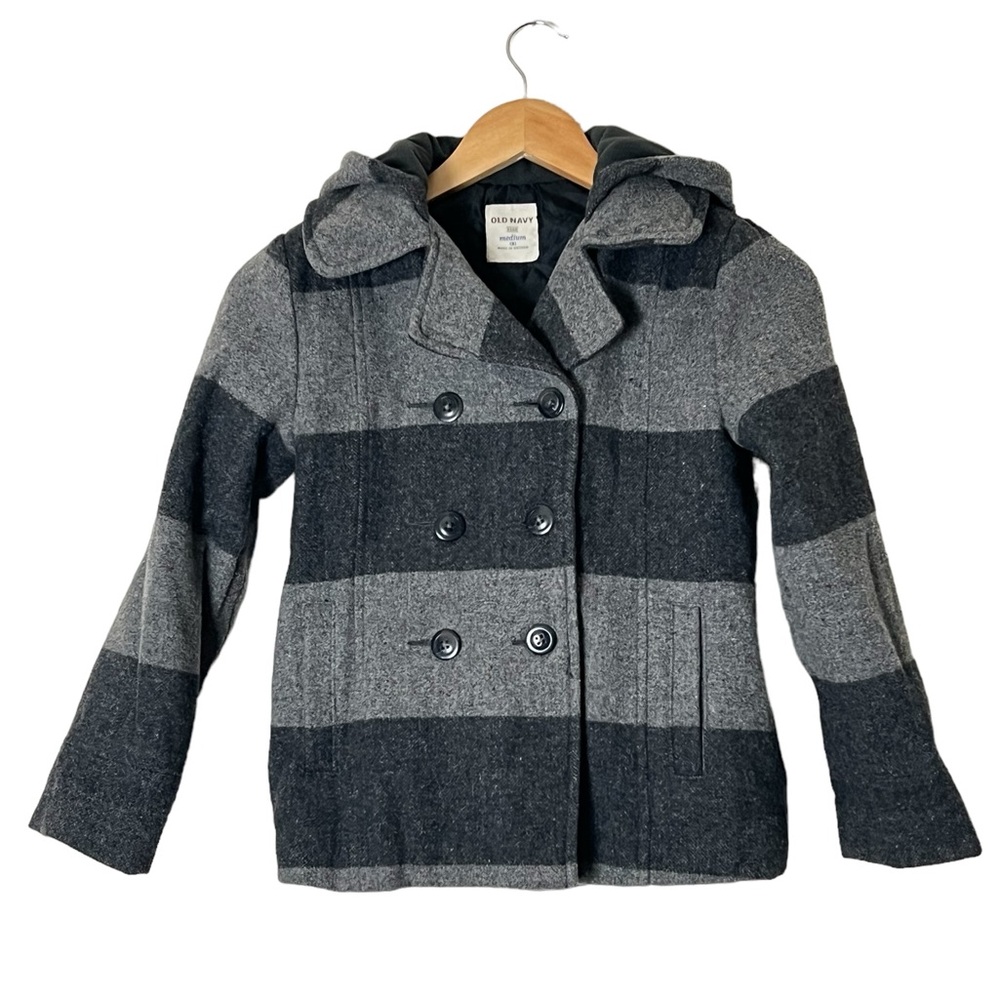 Old Navy | Wool blend gray plaid hooded double breasted pea coat girl’s …